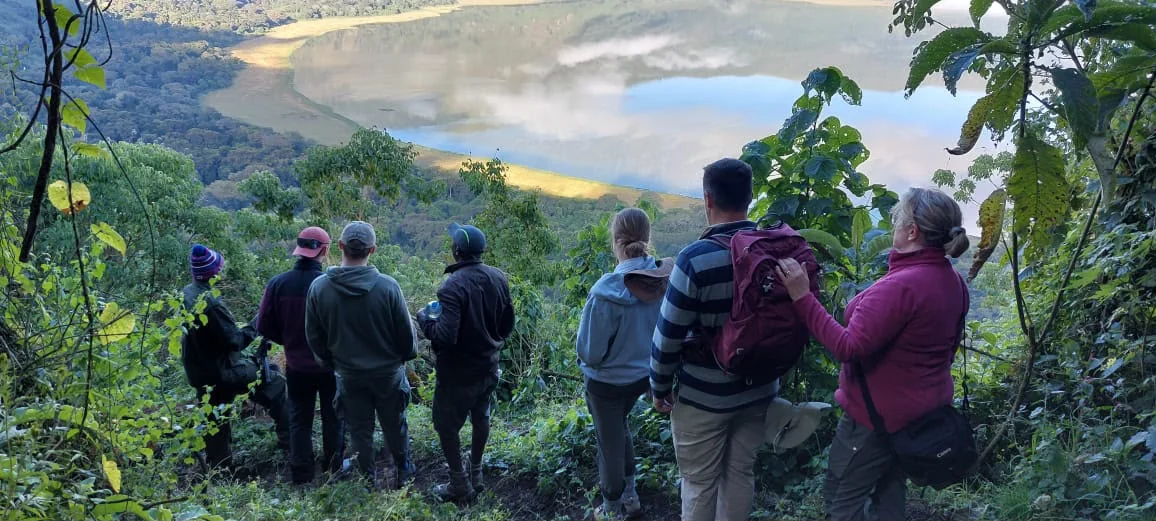 Tireless Travels group trekking in the Ngorongoro Highlands